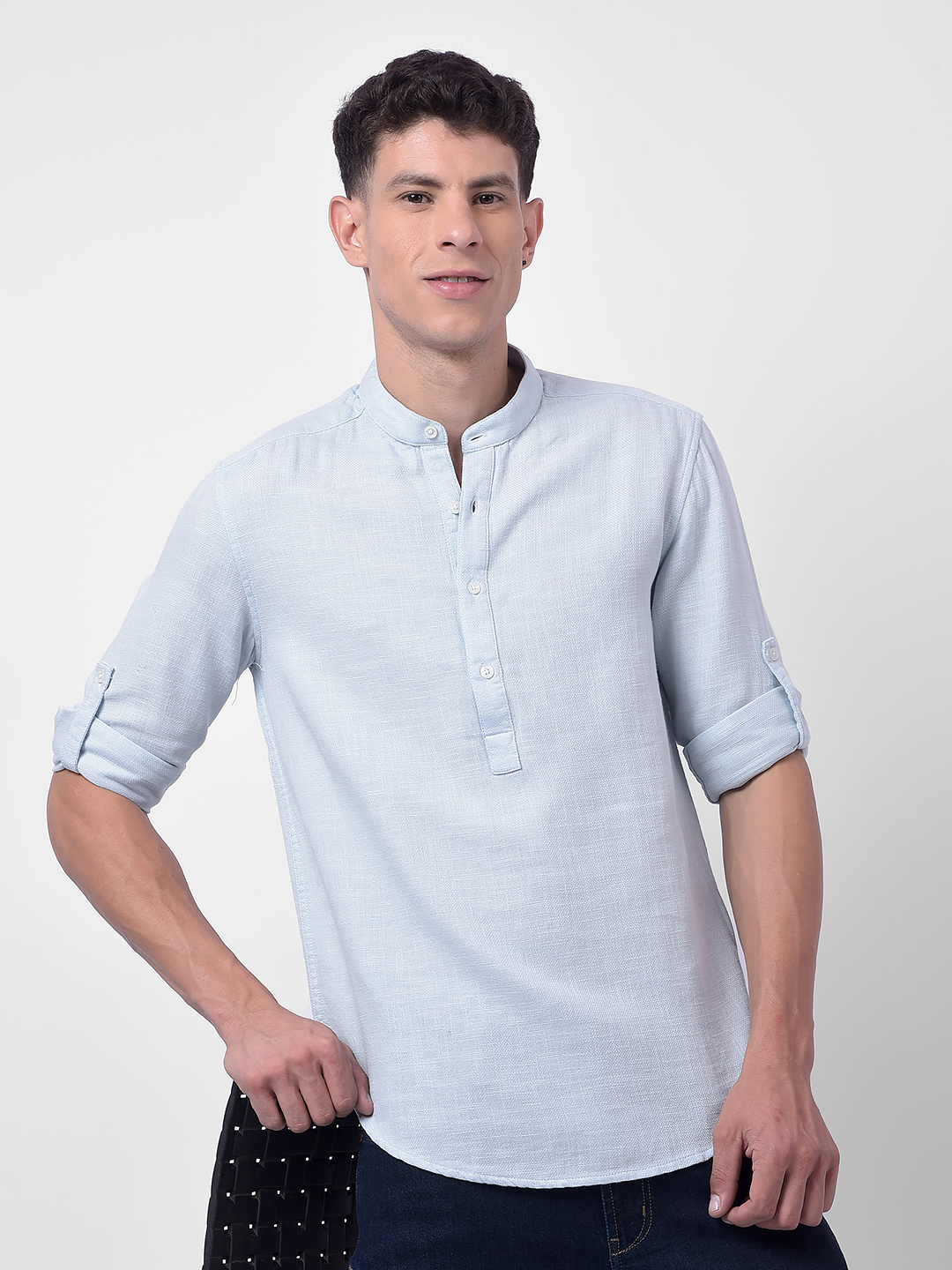 Numero Uno Men Blue Mandarin Collar Slim Fit Shirt